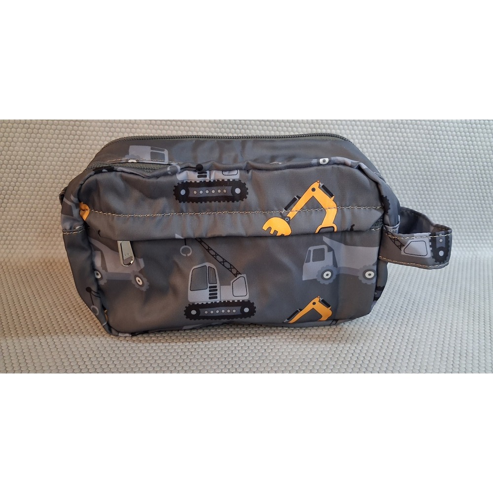 Kids Construction Vehicle Toiletry Bag Gray Excavator Crane Travel Pouch Zipper